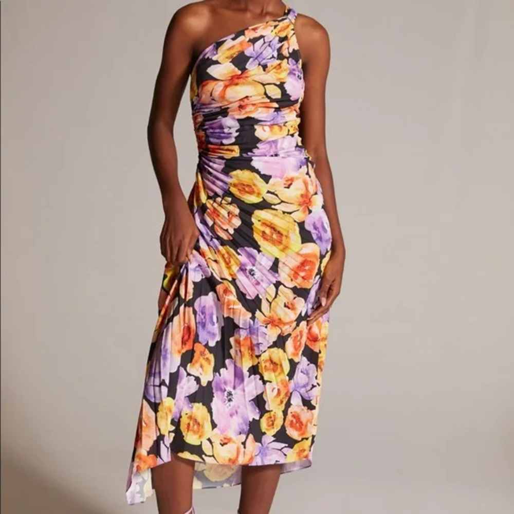 Anthropologie Floral One-Shoulder Midi Dress - Black, Purple, Orange